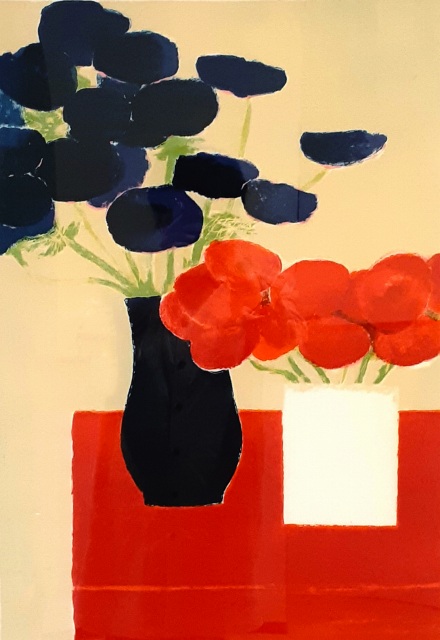 赤いテーブルクロスの上の２つのアネモネの花束』Bernard Cathelin | 絵画 、版画の販売「ファインアーティスト」東京都渋谷区「広尾駅１分」のレスリー・セイヤーで人気の画廊（ギャラリー）