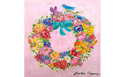 『ピンクの背景と青い鳥のリース』レスリー・セイヤー／Leslie Sayour