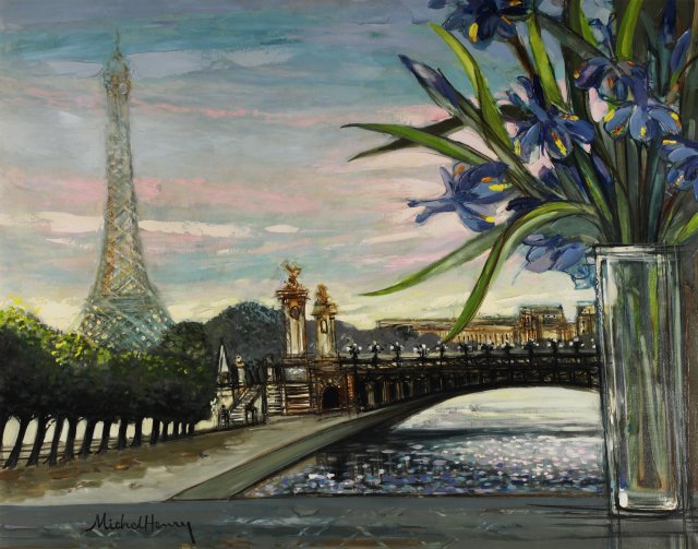 『エッフェル塔とアレクサンドル3世橋の100周年を祝うアイリスの花束』ミッシェル・アンリ